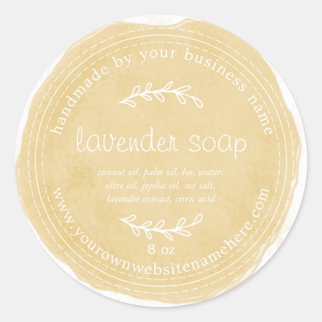 Rustikale, handgemachte Lavendelseife Gelb Runder Aufkleber (Vorderseite)