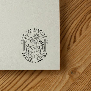Rustikale handgezeichnete Berge Wanderer Ex Libris Gummistempel