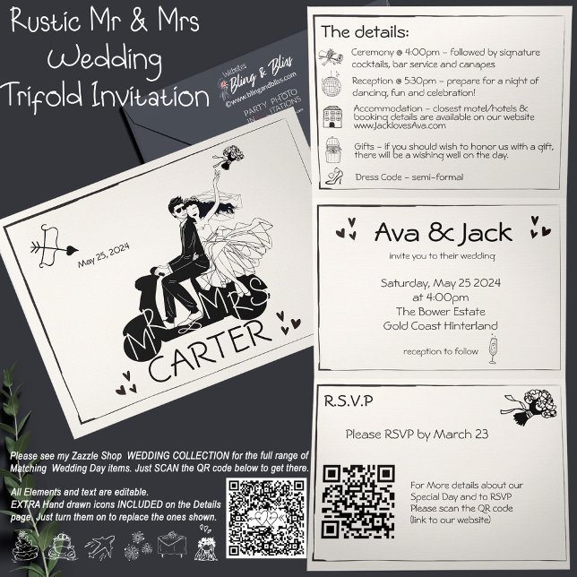 Rustikale handgezeichnete Dreifach-Hochzeitseinlad Dreifach Gefaltete Einladung (All text and Elements are editable. Extra Detail icons included. )