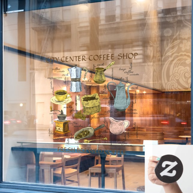 Rustikale handgezeichnete Kaffeeserie Kunst Fensteraufkleber (Café-Fenster)