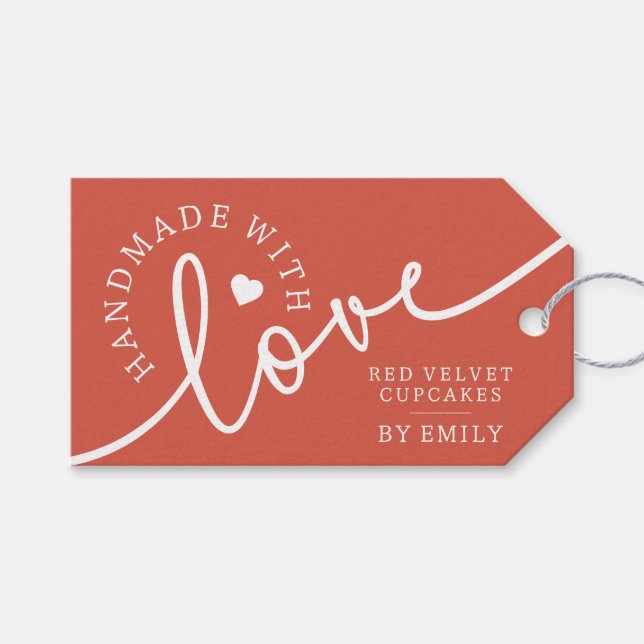 Rustikale Handmade mit Liebe Script Herz Backwaren Geschenkanhänger (Vorderseite (Horizontal))