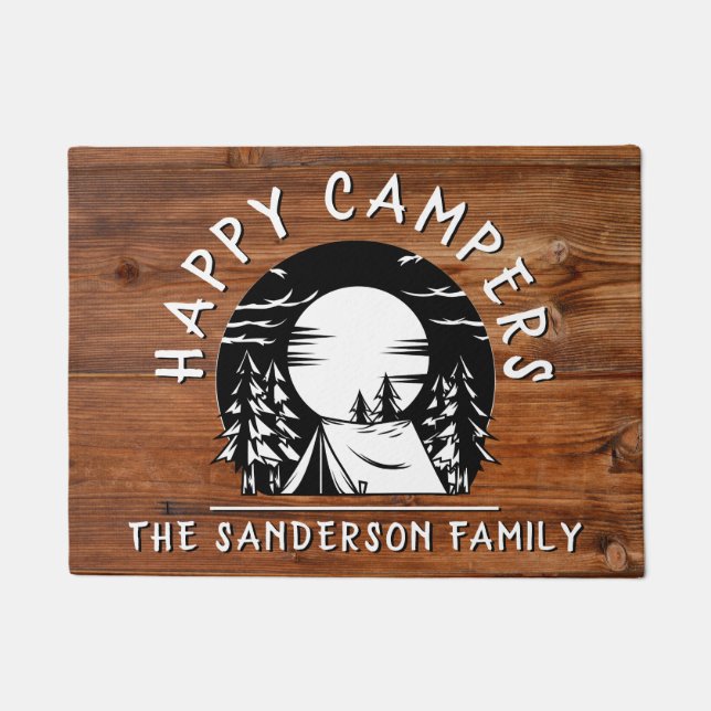 Rustikale Happy Campers Familie Name Zelt Pine Tre Fußmatte (Vorderseite)