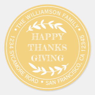 Rustikale Happy Thanksgiving Rücksendeadresse Gelb Runder Aufkleber