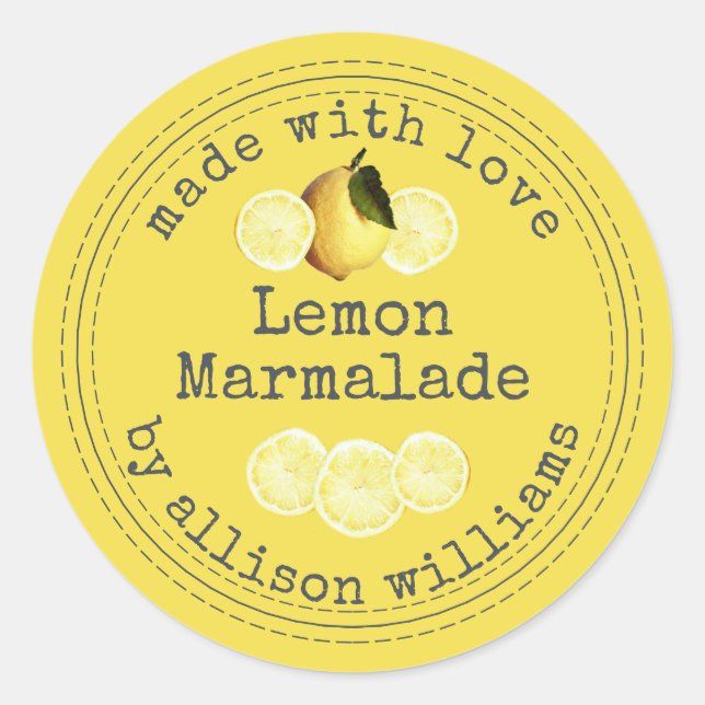 Rustikale hausgemachte Lemon Marmalade Yellow Runder Aufkleber (Vorderseite)