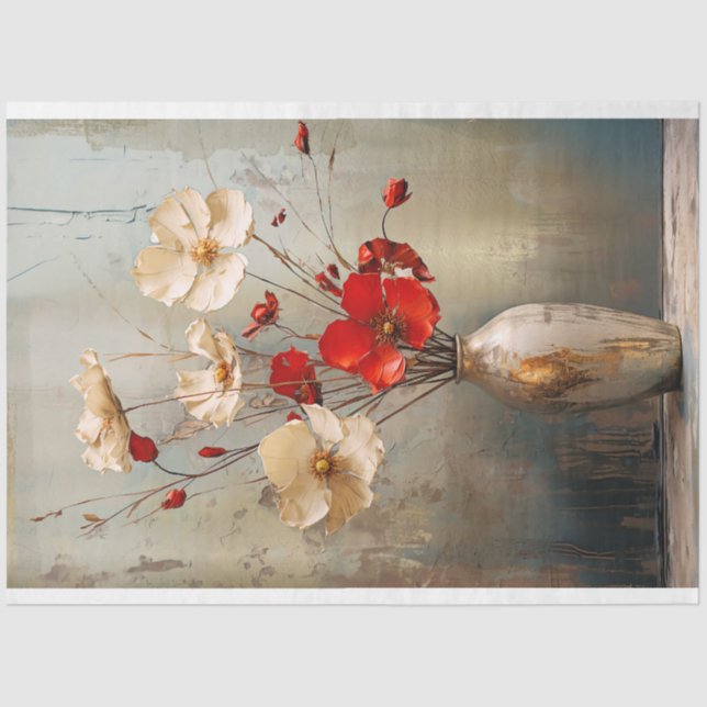 Rustikale hellgraublaue, beige & rote Blume & Vase Seidenpapier (Vorderseite)