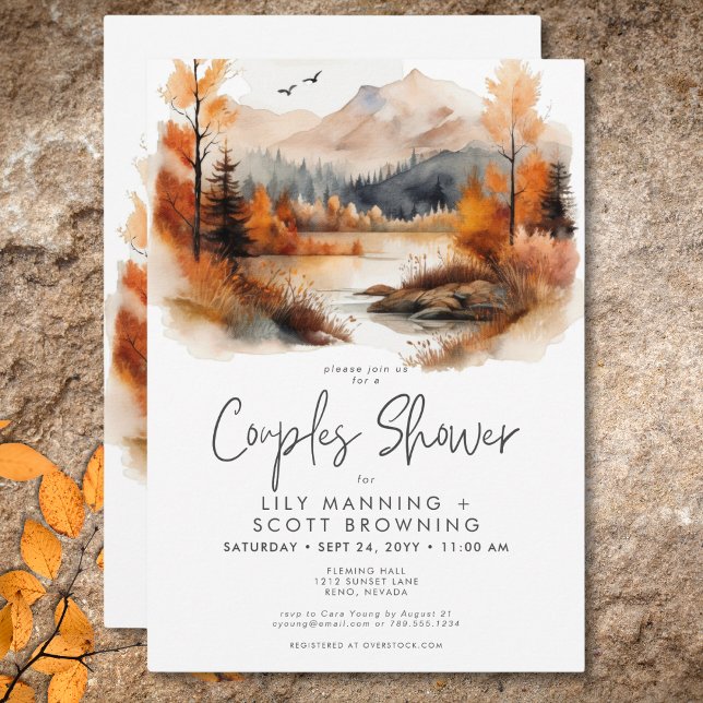 Rustikale Herberge Wasserfarbenpaare Dusche Einladung (Rustic Fall Mountain Scene Watercolor Couples Shower Invitation)