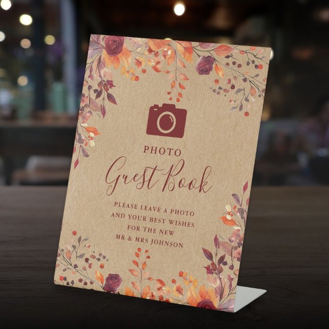 Rustikale Herbst-Herbst-Foto-Gästebüchse Sockelschild (Rustic Fall Autumnal Photo Guest Book Wedding Pedestal Sign)