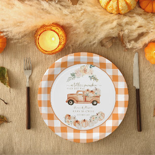 Rustikale Herbst-Kürbis-LKW-Karo-Baby-Party Pappteller