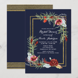 Rustikale Herbst-Marsala-Blumen-Navy-Gold-Brautpar Einladung
