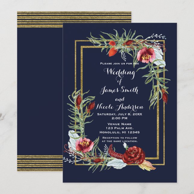 Rustikale Herbst Marsala Floral Navy Blue Gold Hoc Einladung (Vorne/Hinten)