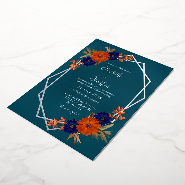 Rustikale Herbst-Orangenblauer Blumenhochzeit Folieneinladung (Gedreht)