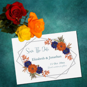 Rustikale Herbst-Orangenblauer Blumenhochzeit Save The Date
