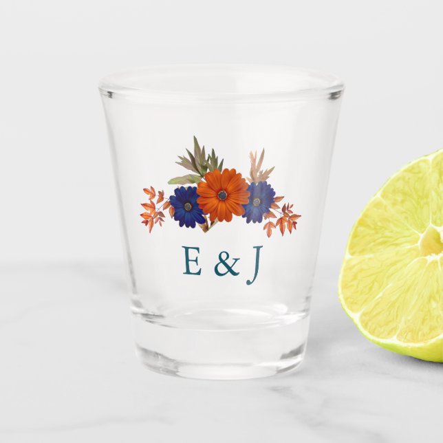 Rustikale Herbst-Orangenblauer Blumenhochzeit Schnapsglas (Vorderseite)