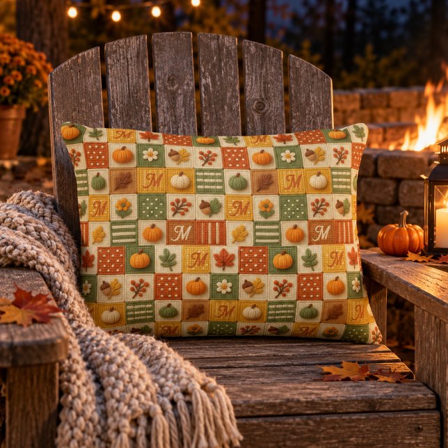 Rustikale Herbst-Patchwork-Kürbis-Monogramm Dekokissen (Von Creator hochgeladen)