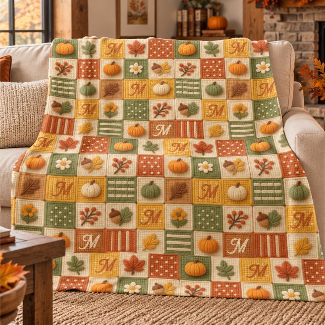 Rustikale Herbst-Patchwork-Kürbis-Monogramm Fleecedecke (Von Creator hochgeladen)