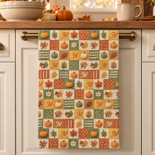 Rustikale Herbst-Patchwork-Kürbis-Monogramm Geschirrtuch