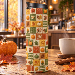 Rustikale Herbst-Patchwork-Kürbis-Monogramm Thermosbecher