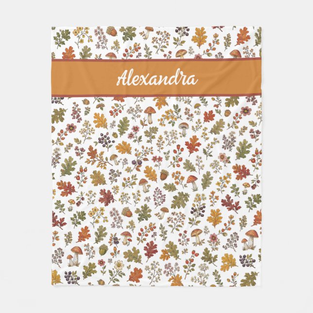 Rustikale Herbst-Pilz-Blätter-Wald-Monogramm-Name Fleecedecke (Vorderseite)