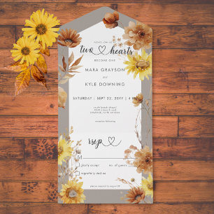 Rustikale Herbst-Sonnenblume Taupe & Weiß Keine Ab All In One Einladung