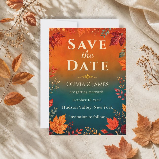 Rustikale Herbst-Teal- und Orange-Blätter Save the Date (Von Creator hochgeladen)