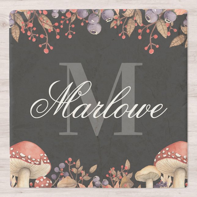 Rustikale Herbstbelässe Schwarz-weiße Monogramm Steinuntersetzer (Von Creator hochgeladen)