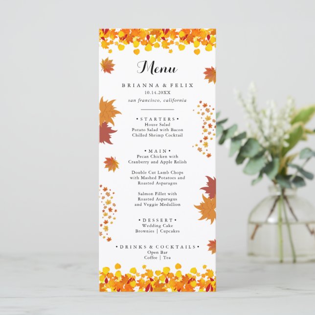 Rustikale Herbstblätter Hochzeit Menükarte (Stehend Vorderseite)