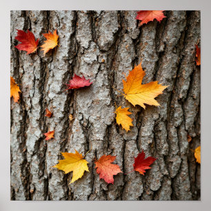 Rustikale Herbstblätter in Herbstfarben Baumrinde Poster