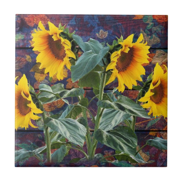 Rustikale Herbstblätter und Sonnenblumen Fliese (Vorderseite)