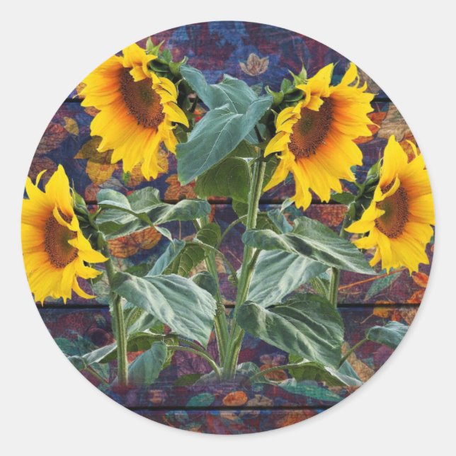 Rustikale Herbstblätter und Sonnenblumen Runder Aufkleber (Vorderseite)