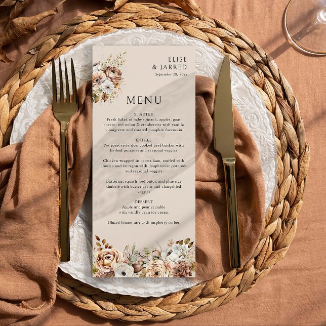 Rustikale Herbstblumenbraun-Neutrallandhochzeit Menükarte (Wedding Menu from Rustic Floral Brown Neutral Wedding Collection by Darling & May)