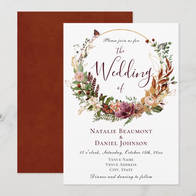 Rustikale Herbstblüten und botanische Hochzeiten Einladung (Vorne/Hinten)