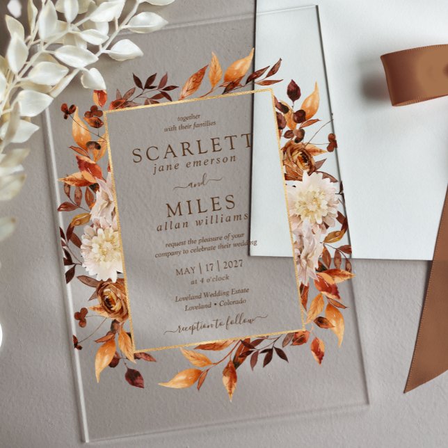 Rustikale Herbstblütenhochzeit akryllisch in Acryleinladungen (Rustic Boho Fall Wedding Acrylic Invitations by Painted Paperie
)