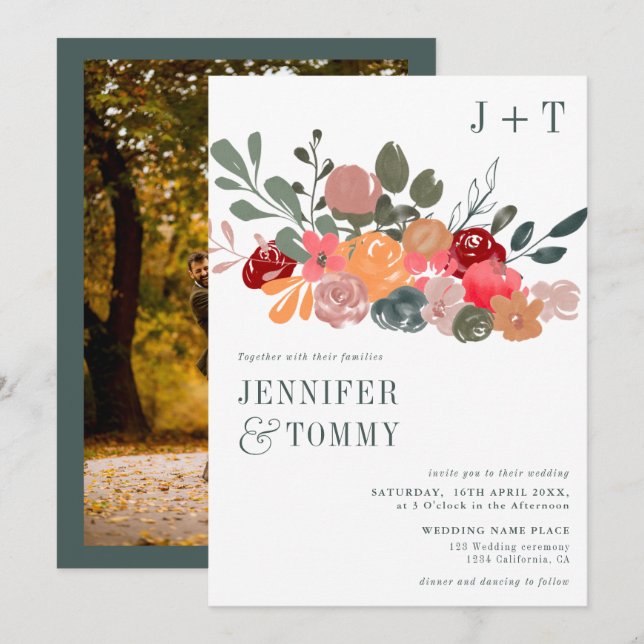 Rustikale Herbstburgunde Foto Hochzeit mit grünem  Einladung (Vorne/Hinten)