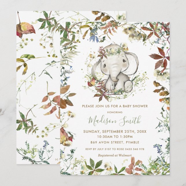 Rustikale Herbstelephant Gender Neutral Baby Dusch Einladung (Vorne/Hinten)