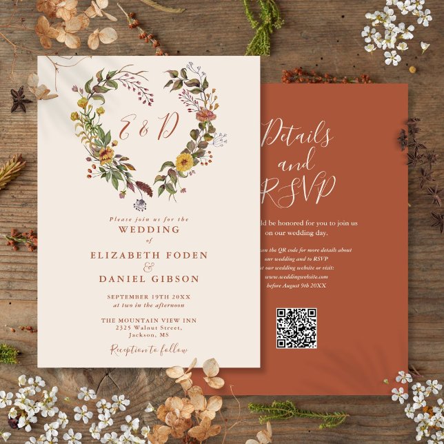 Rustikale Herbstfälle floraler QR-Code Hochzeit Einladung (Rustic Autumn Fall Floral QR Code Wedding Invitation)
