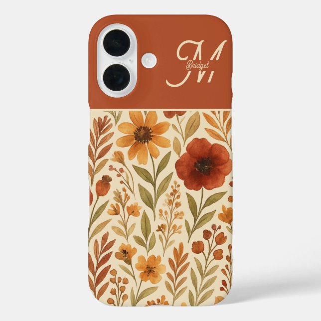 Rustikale Herbstfallvillen und florale Monogramm iPhone 16 Hülle (Rückseite)
