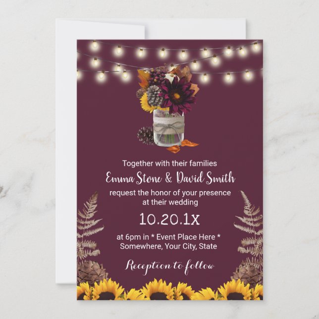 Rustikale Herbstfloral Jar Burgund Hochzeit im Her Einladung (Vorderseite)