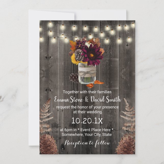 Rustikale Herbstflorale Jar Barn Wood Hochzeit im  Einladung (Vorderseite)