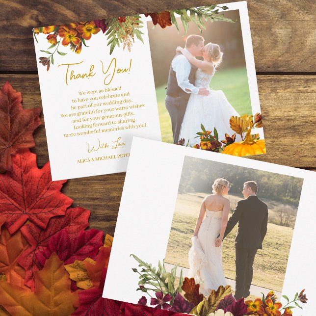 Rustikale Herbstgoldskripte Foto Hochzeit Dankeskarte (Von Creator hochgeladen)