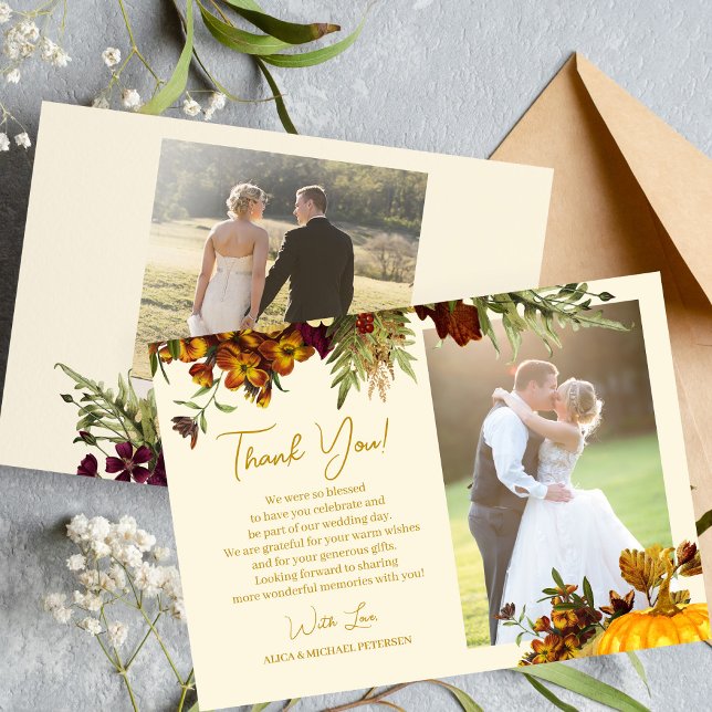 Rustikale Herbstgoldskripte Foto Hochzeit Dankeskarte (Von Creator hochgeladen)
