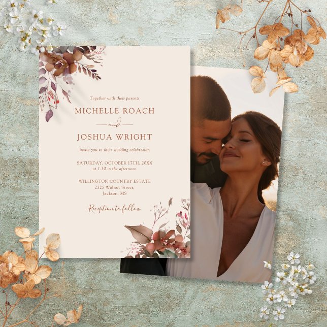Rustikale Herbsthochzeit Foto Einladung (Rustic Autumn Fall Floral Photo Wedding Invitation)