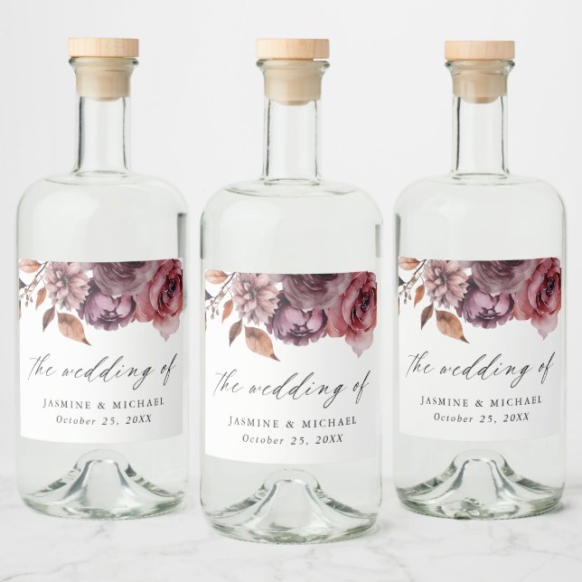 Rustikale Herbsthochzeit Marsala Floral Wedding Alkoholflaschenetikett (Flaschen)