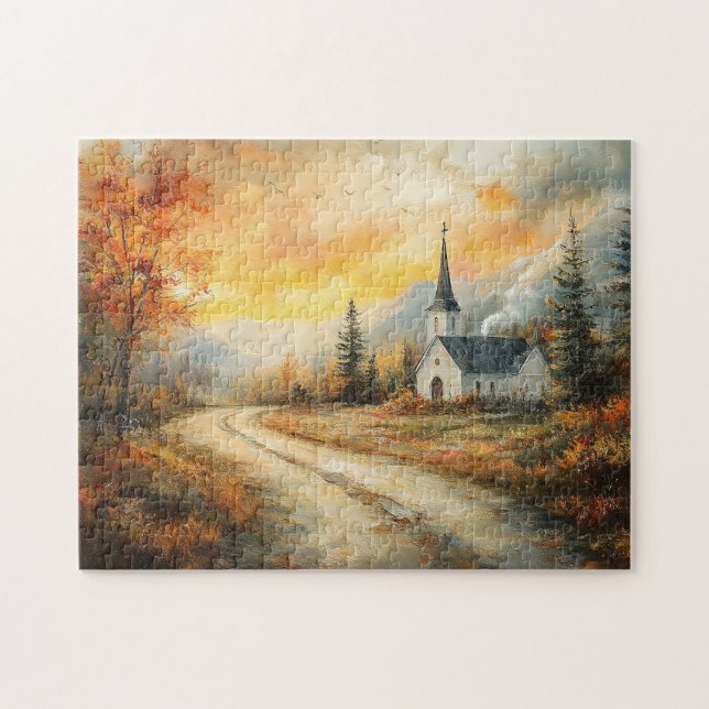 Rustikale Herbstkirche Aquarellmalerei (Horizontal)