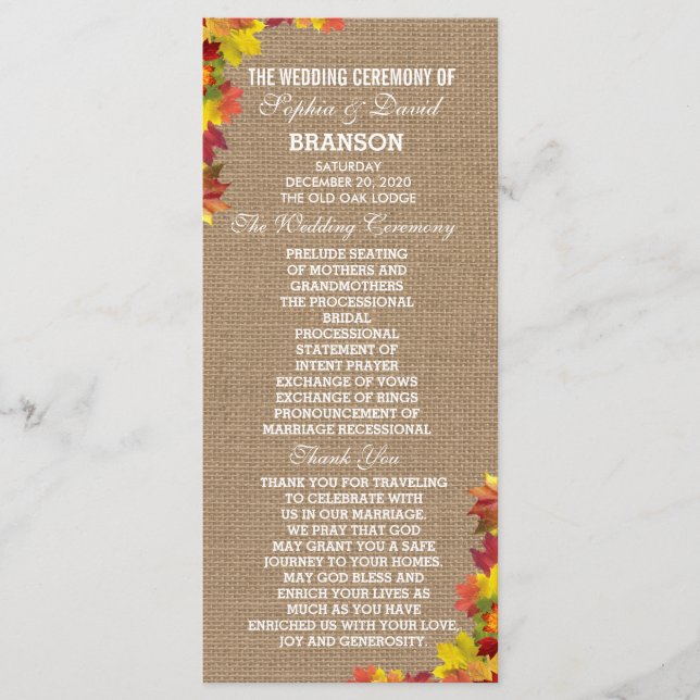 Rustikale Herbstlaub Burlap Wedding Programm maßge (Vorderseite)