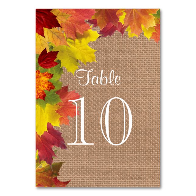 Rustikale Herbstlaub Burlap Wedding Tischnummer (Vorderseite)