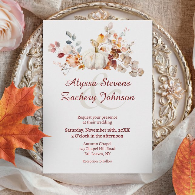 Rustikale Herbstleaves fallen Pumpkin-Hochzeit Einladung (White Pumpkin Autumn Leaves Fall Wedding Invitation)