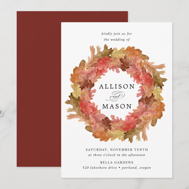 Rustikale Herbstleaves fallen Wreath-Hochzeit Einladung (Vorne/Hinten)
