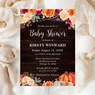 Rustikale Herbstorange-Kürbis-Blumen-Baby-Party Einladung