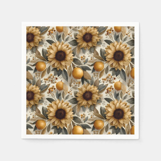 Rustikale Herbstsonnenblumen und Zitrusfrüchte Serviette (Vorderseite)