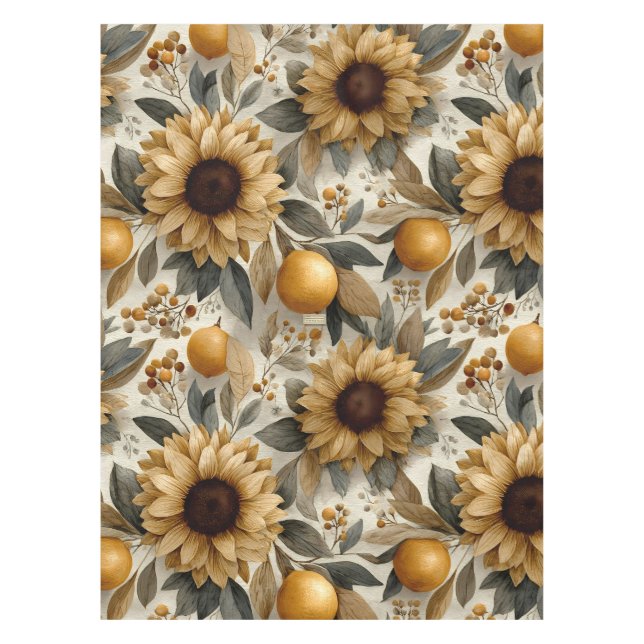 Rustikale Herbstsonnenblumen und Zitrusfrüchte Tischdecke (Vorderseite)